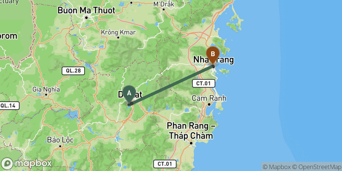 Map showing route from Dalat to Nha Trang - 89 km