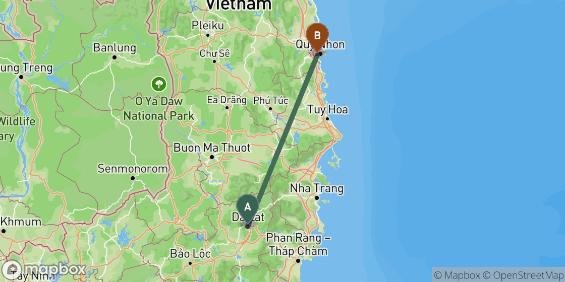 Map showing route from Dalat to Quy Nhon - 221 km