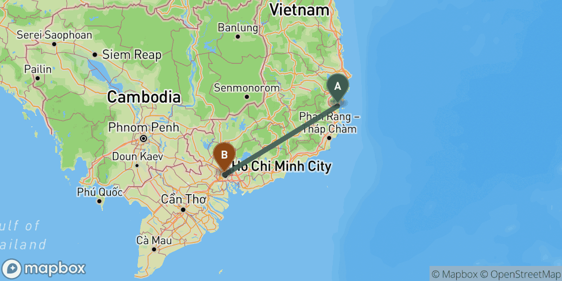 Map showing route from Nha Trang to Ho Chi Minh - 317 km