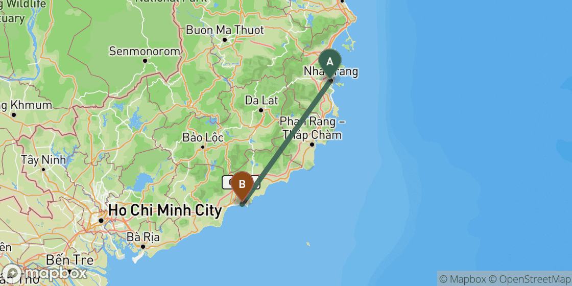 Map showing route from Nha Trang to Mui Ne - 174 km