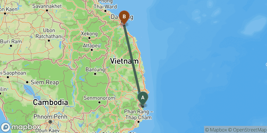 Map showing route from Nha Trang to Hoi An - 414 km