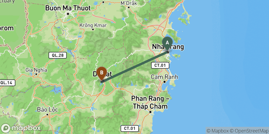 Map showing route from Nha Trang to Da Lat - 89 km