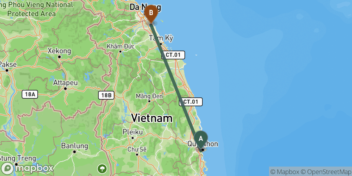 Map showing route from Quy Nhon to Hoi An - 254 km
