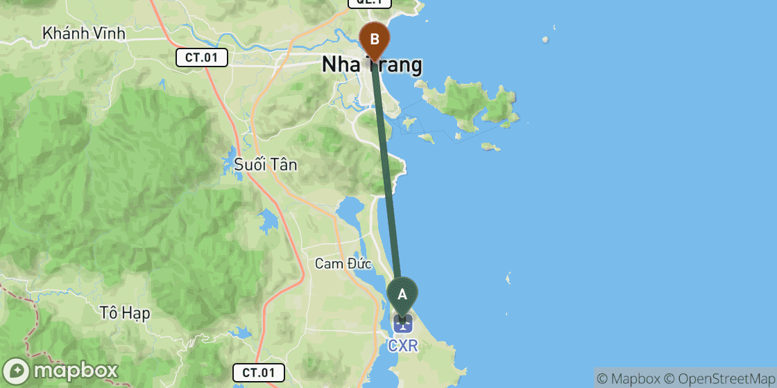 Map showing route from Nha Trang Airport to Nha Trang City Centre - 35 km