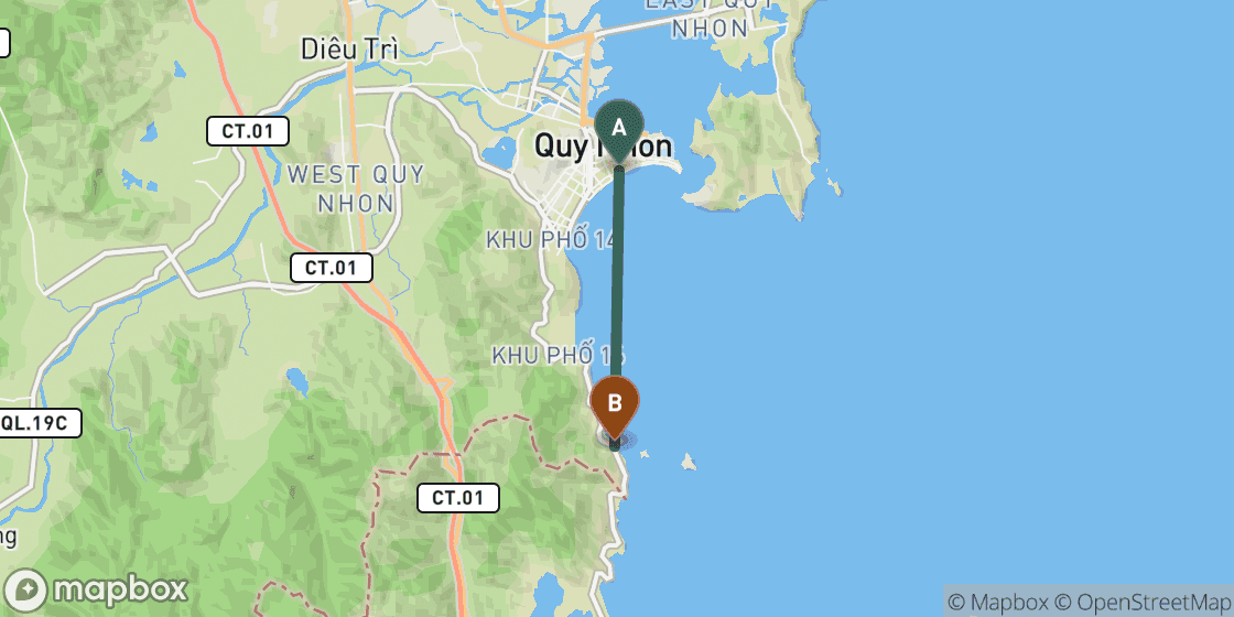 Map showing route from Quy Nhon to Bai Xep - 9 km