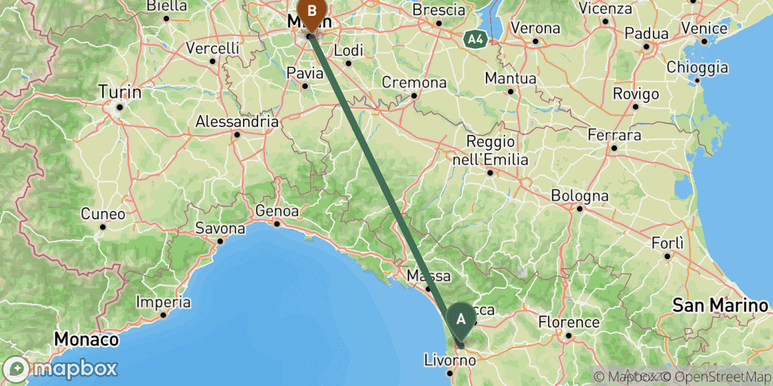 Map showing route from Pisa to Milan - 217 km