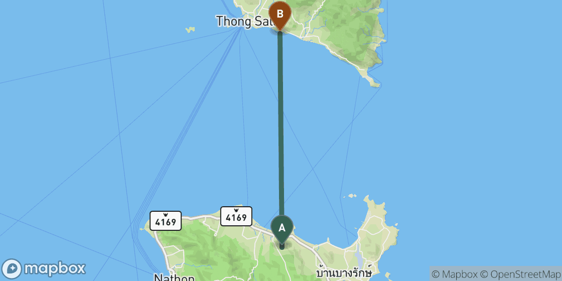 Map showing route from Koh Samui to Koh Phangan - 27 km