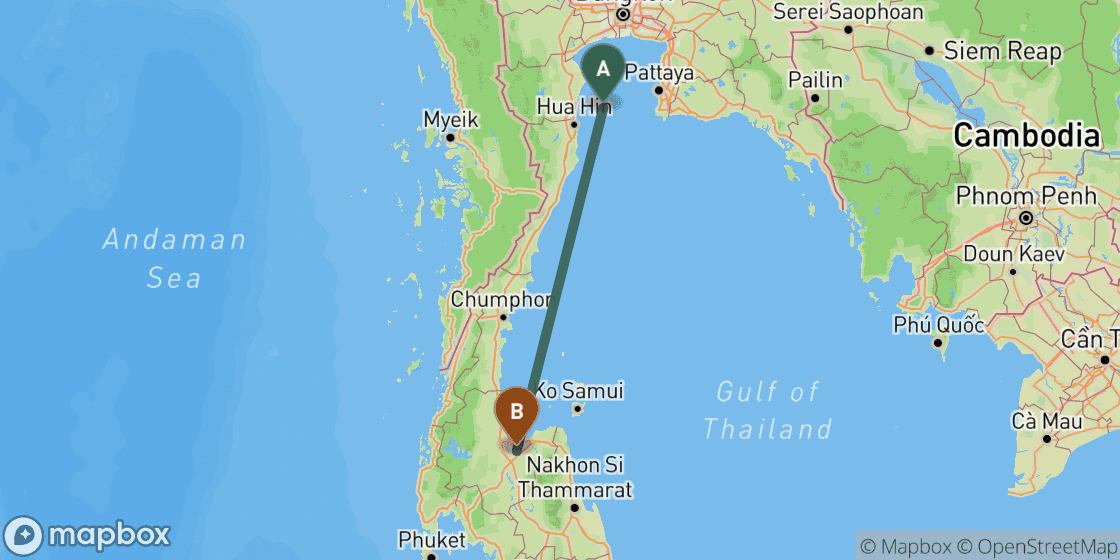 Map showing route from Bangkok to Surat Thani - 529 km