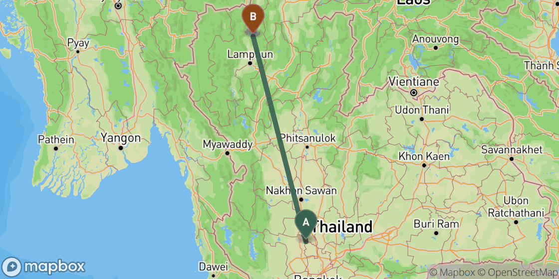 Map showing route from Bangkok to Chiang Mai - 589 km
