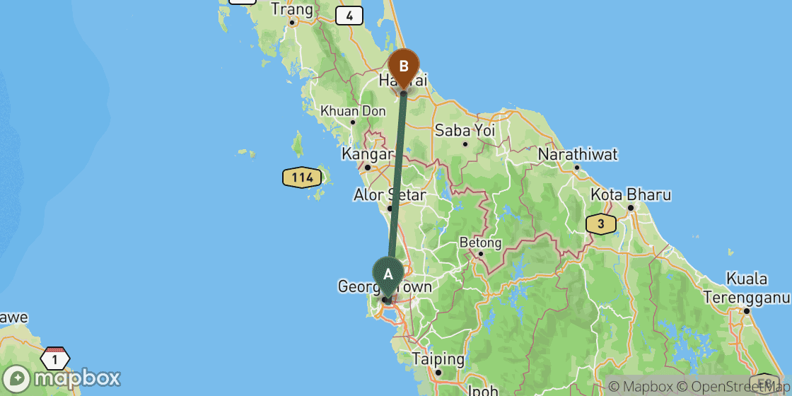 Map showing route from Penang to Hat Yai - 180 km