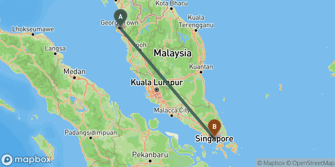 Map showing route from Penang to Singapore - 587 km