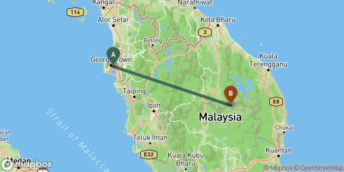 Map showing route from Penang to Taman Negara - 246 km