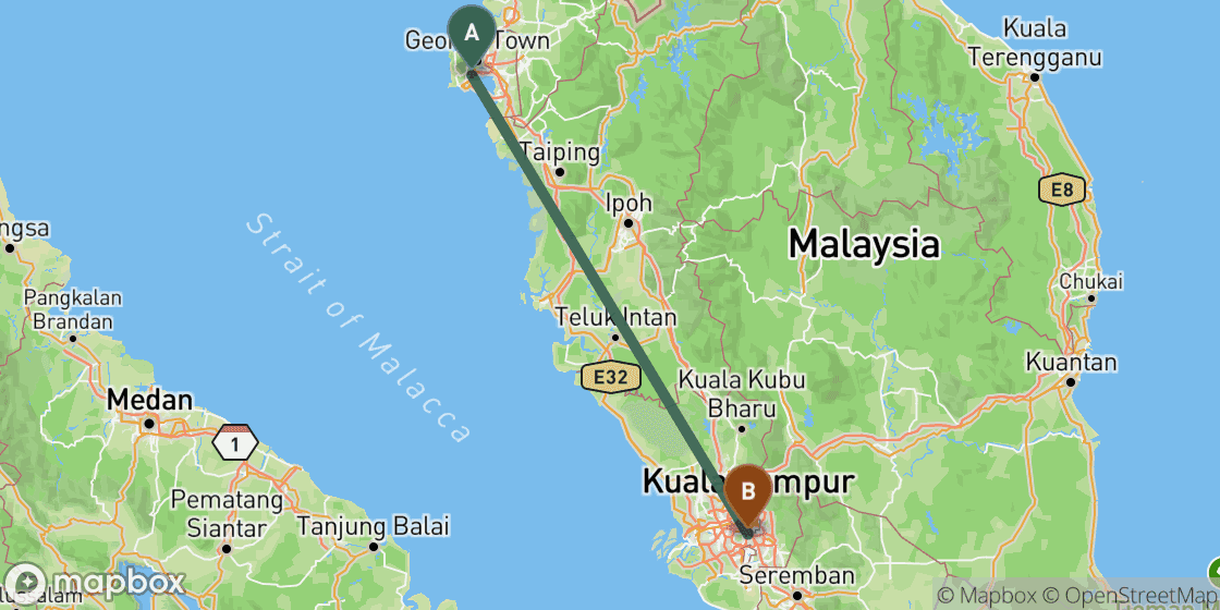 Map showing route from Penang to Kuala Lumpur - 291 km