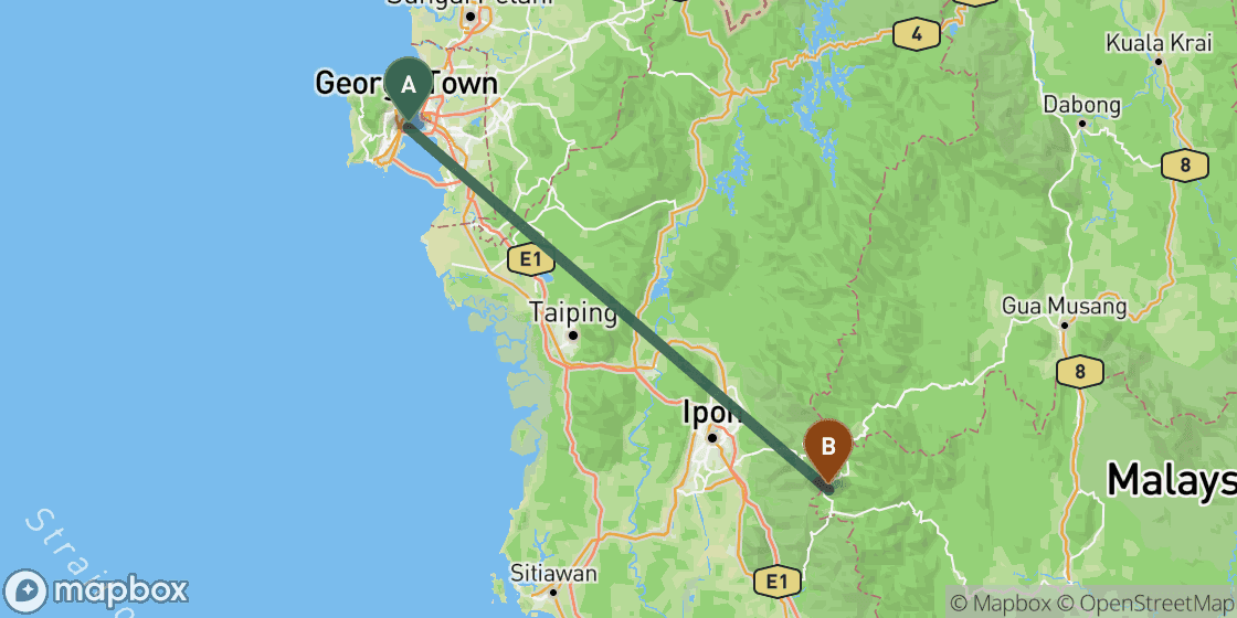 Map showing route from Penang to Cameron Highlands - 161 km