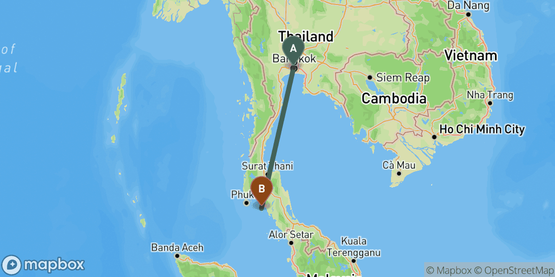 Map showing route from Bangkok to Koh Lanta - 701 km