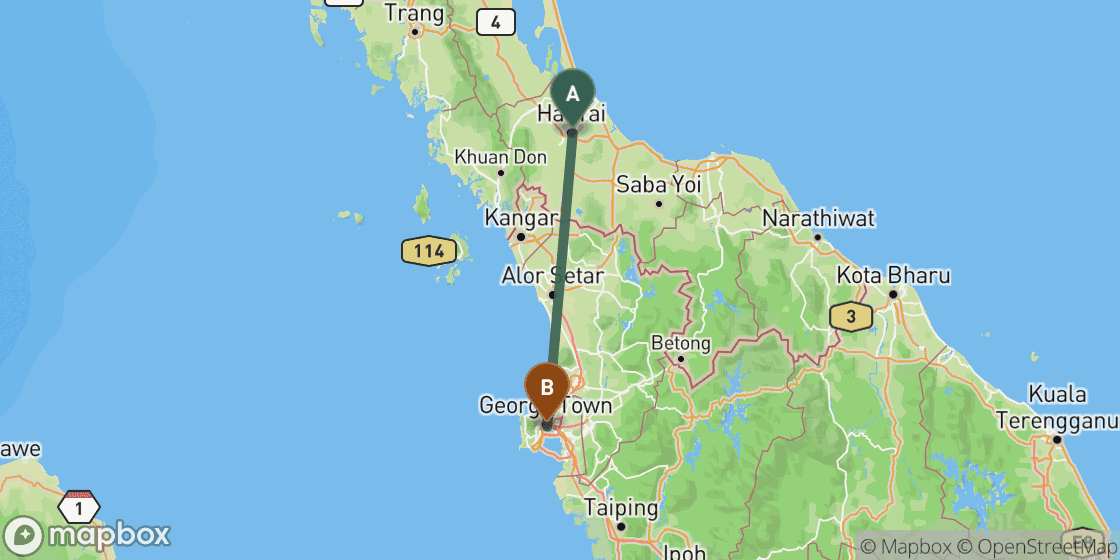 Kaart met de route van Hat Yai naar Penang - 180 km