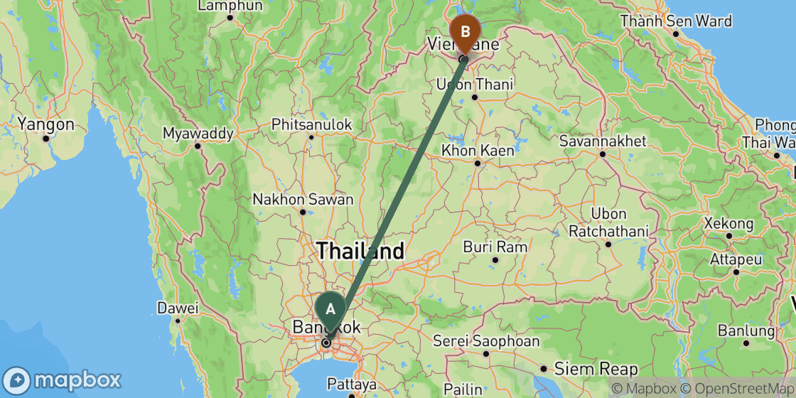 Map showing route from Bangkok to Vientiane - 522 km