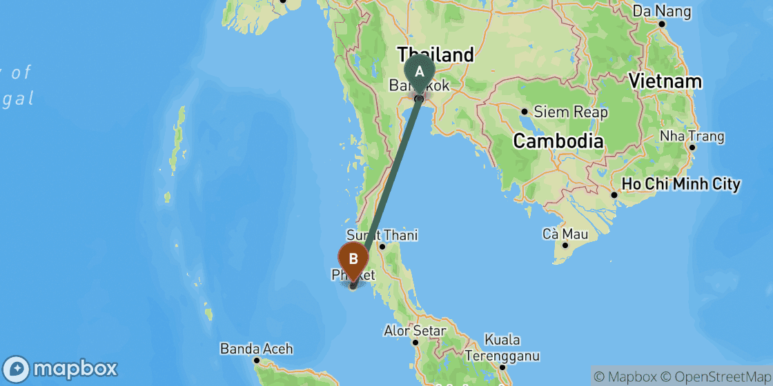 Map showing route from Bangkok to Phuket - 693 km
