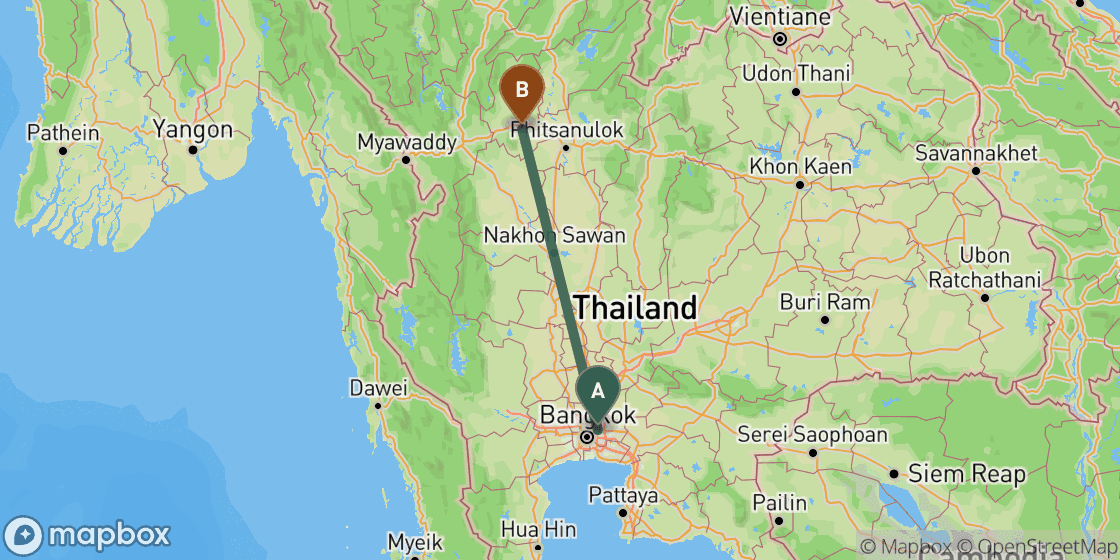 Map showing route from Bangkok to Sukhothai - 370 km