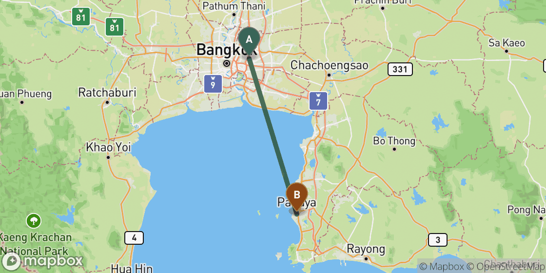 Map showing route from Bangkok to Pattaya - 98 km