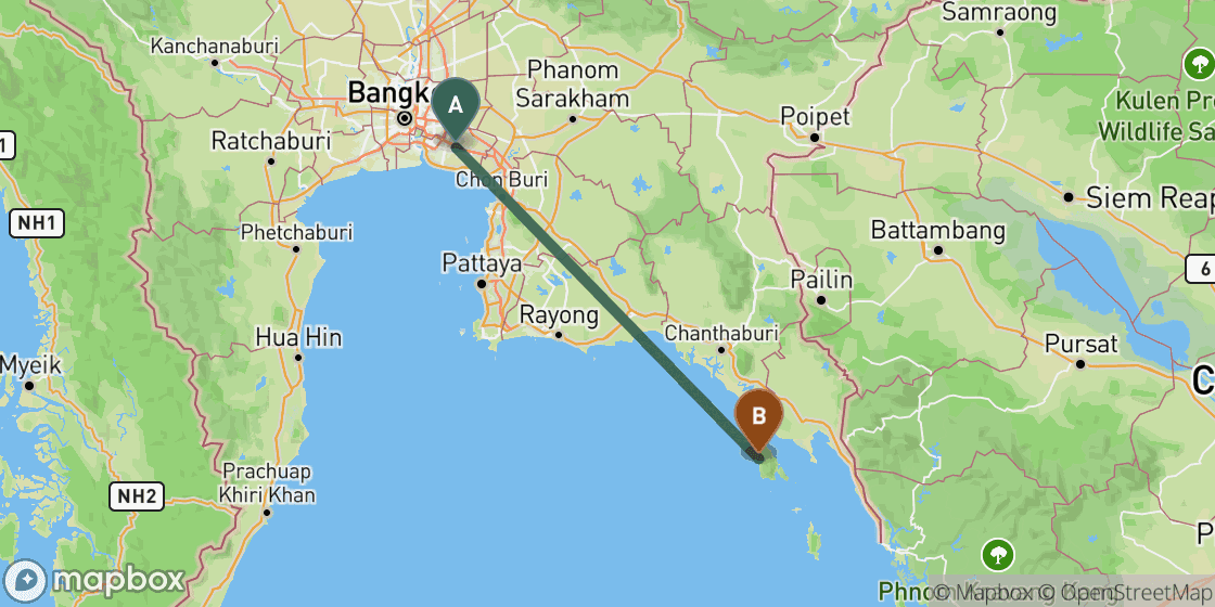 Map showing route from Bangkok to Koh Chang - 270 km
