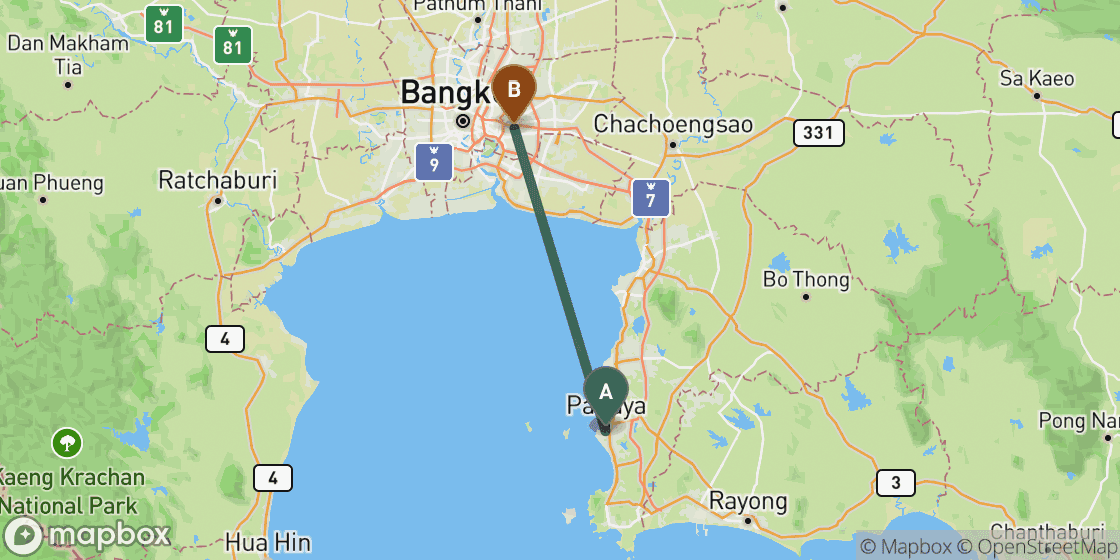 Map showing route from Pattaya to Bangkok - 98 km