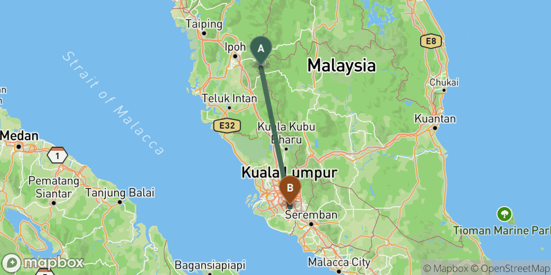 Map showing route from Cameron Highlands to Kuala Lumpur - 152 km