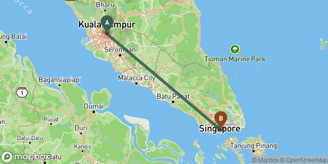 Map showing route from Kuala Lumpur to Singapore - 305 km