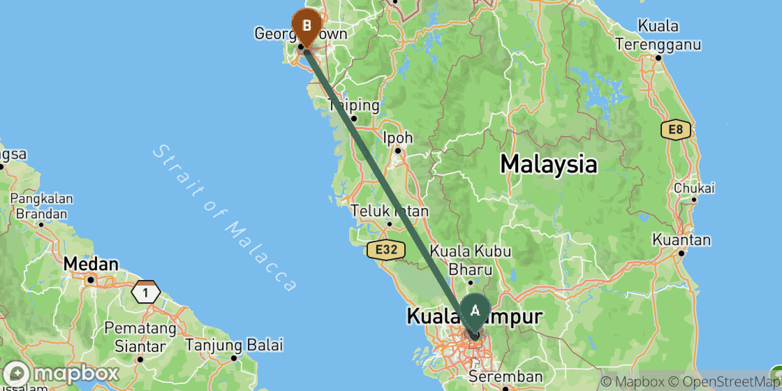 Map showing route from Kuala Lumpur to Penang - 291 km