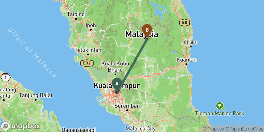 Map showing route from Kuala Lumpur to Taman Negara - 193 km