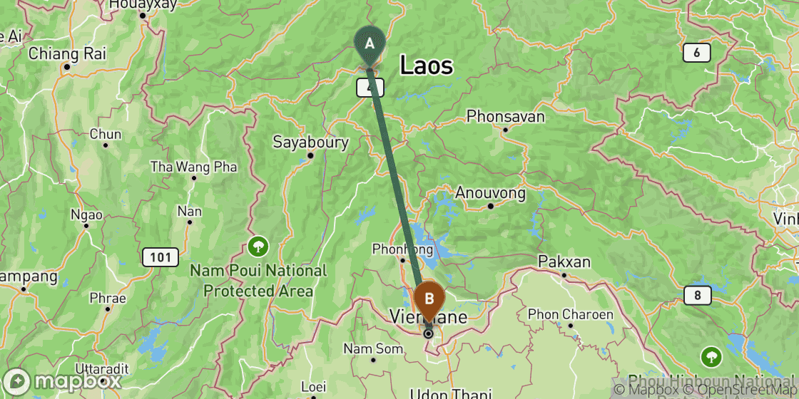 Map showing route from Luang Prabang to Vientiane - 219 km