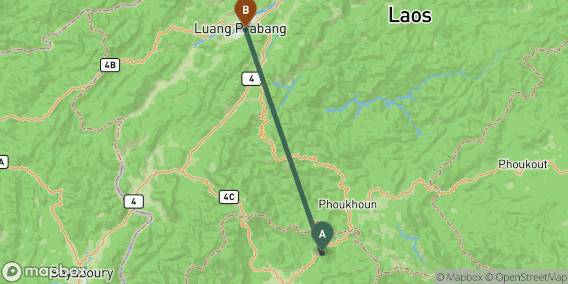 Map showing route from Vang Vieng to Luang Prabang - 112 km