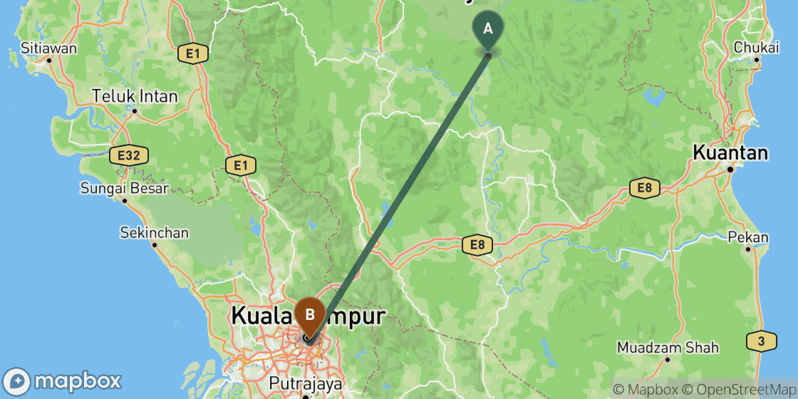Map showing route from Taman Negara to Kuala Lumpur - 193 km