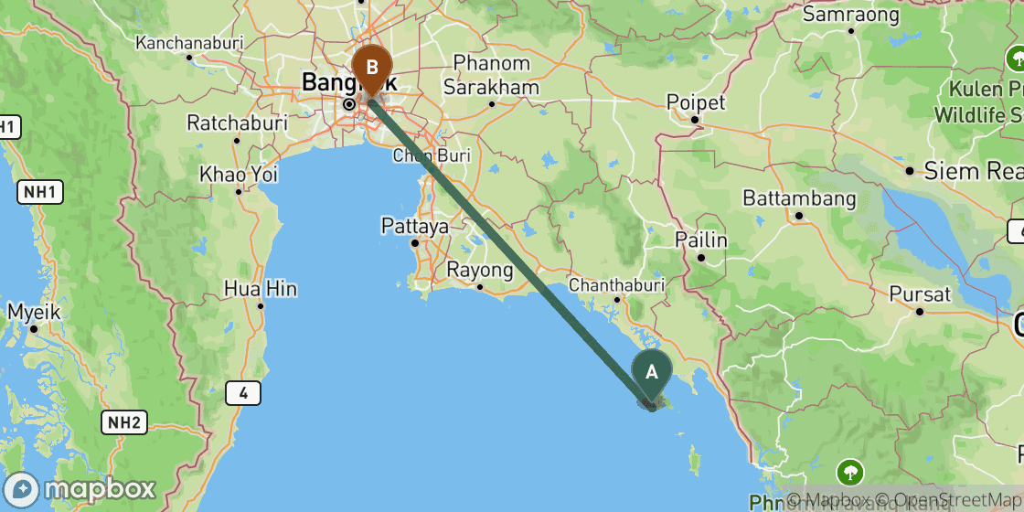 Map showing route from Koh Chang to Bangkok - 270 km