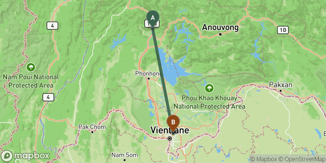 Map showing route from Vang Vieng to Vientiane - 107 km