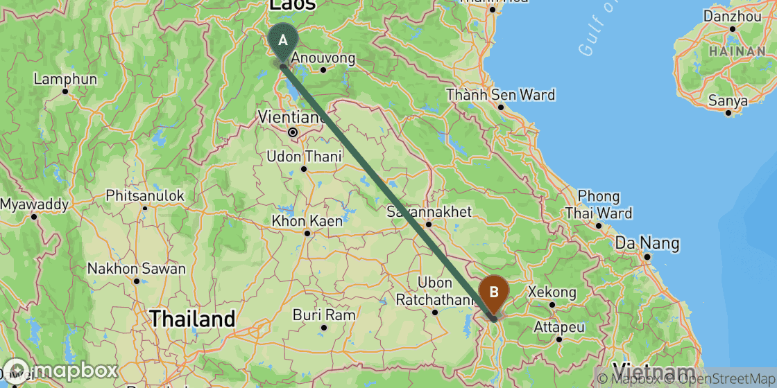 Map showing route from Vang Vieng to Pakse - 552 km