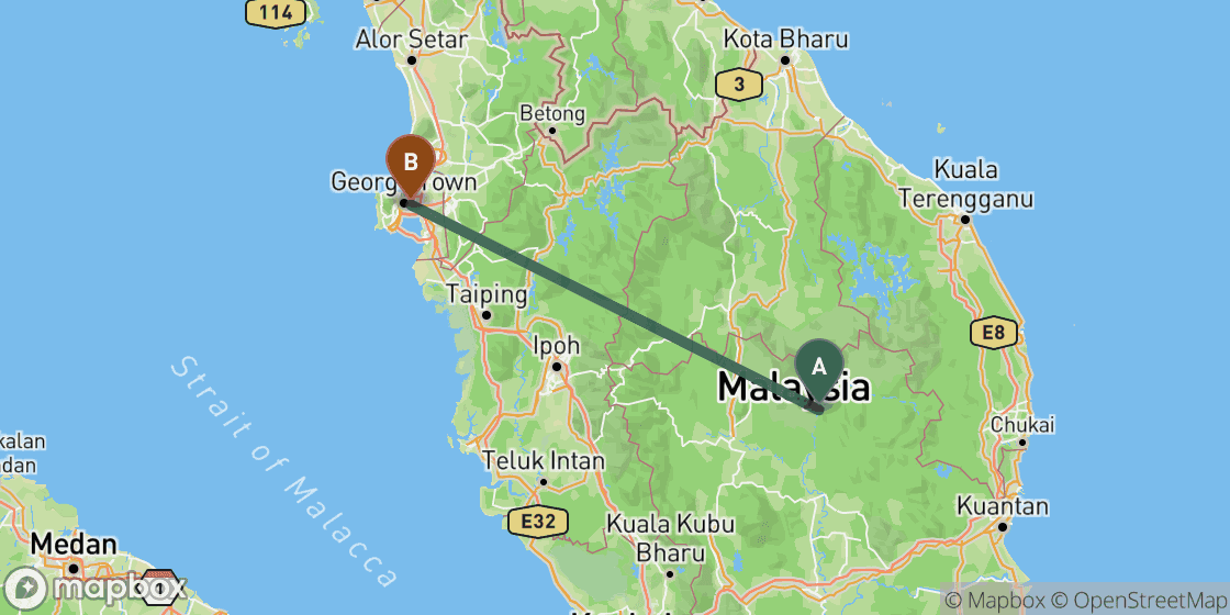 Map showing route from Taman Negara to Penang - 246 km