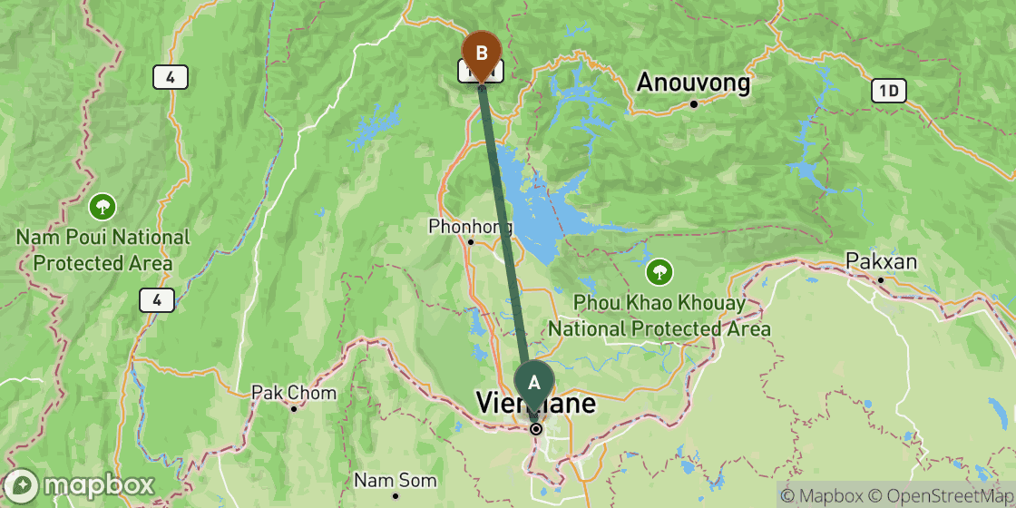 Map showing route from Vientiane to Vang Vieng - 107 km