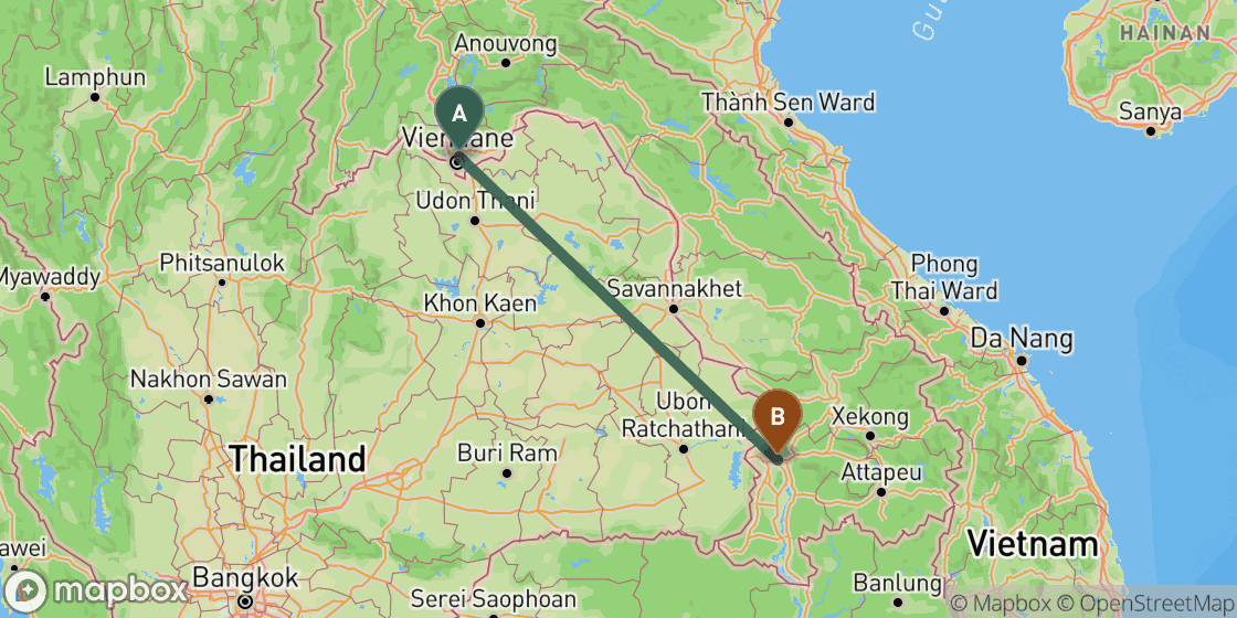 Map showing route from Vientiane to Pakse - 463 km