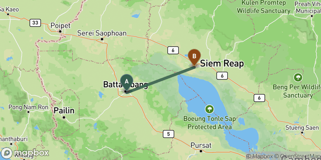 Map showing route from Battambang to Siem Reap - 77 km