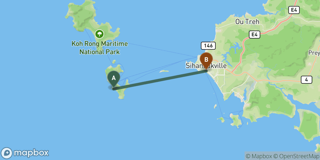 Map showing route from Koh Rong Samloem to Sihanoukville - 25 km