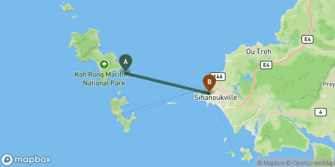 Map showing route from Koh Rong to Sihanoukville - 33 km