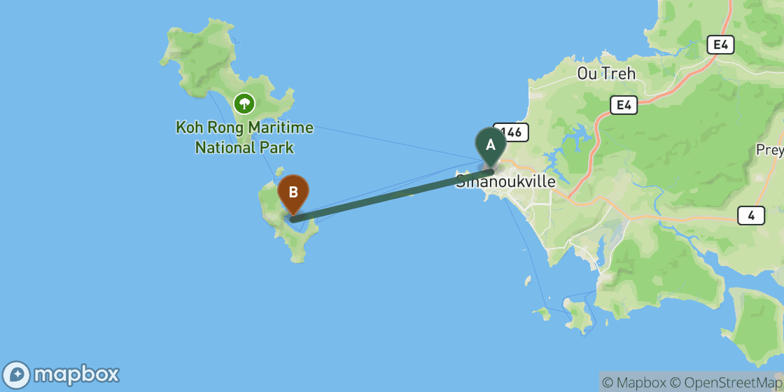 Map showing route from Sihanoukville to Koh Rong Samloem - 25 km
