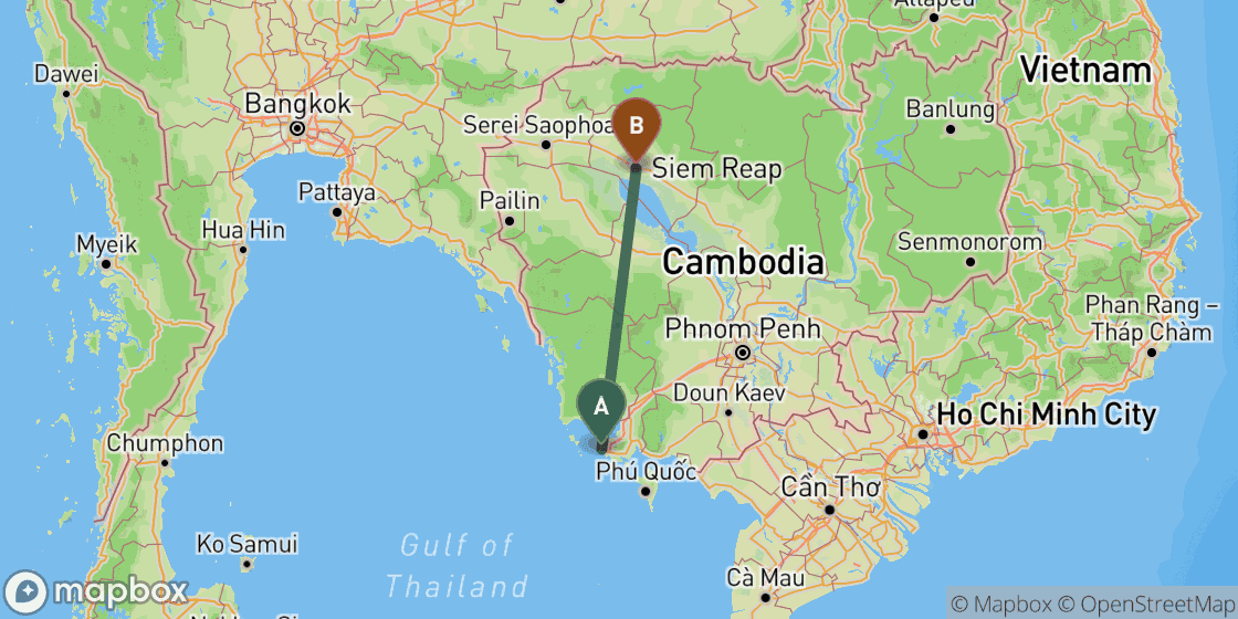 Map showing route from Sihanoukville to Siem Reap - 308 km