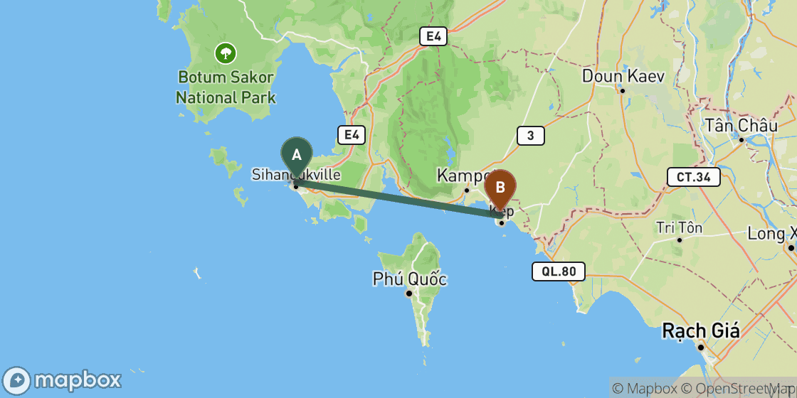 Map showing route from Sihanoukville to Kep - 88 km