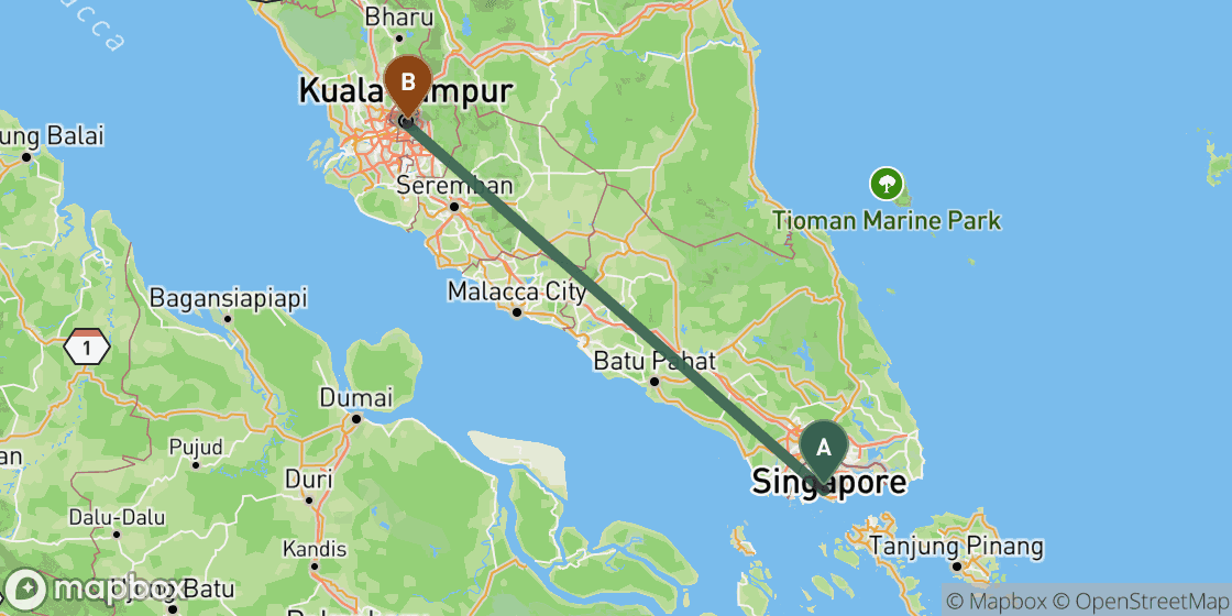 Map showing route from Singapore to Kuala Lumpur - 305 km