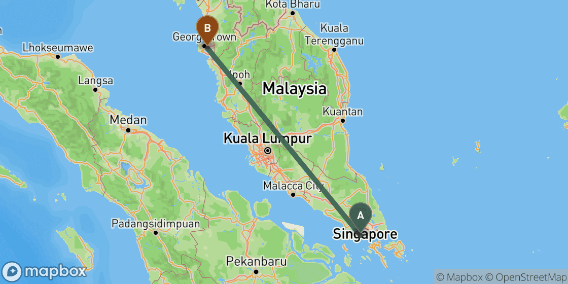 Map showing route from Singapore to Penang - 587 km