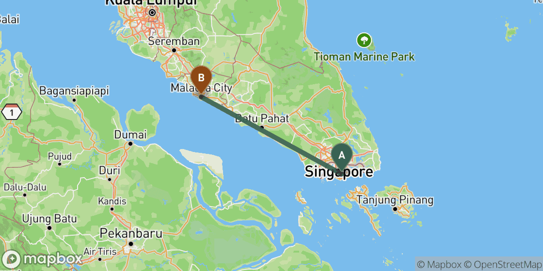 Map showing route from Singapore to Malacca - 194 km