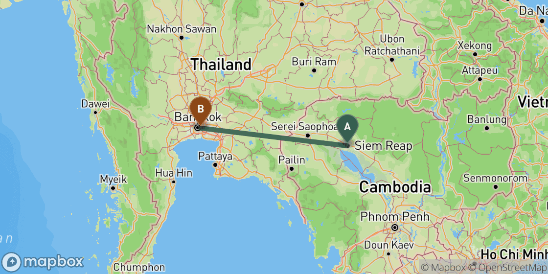 Karte mit der Route von Siem Reap nach Bangkok - 364 km
