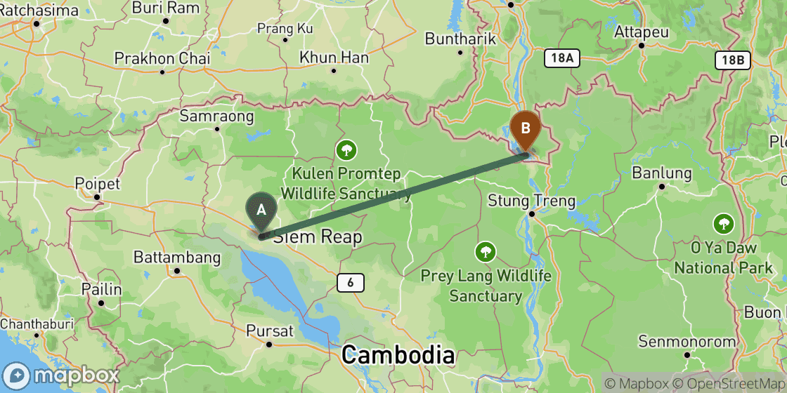 Karte mit der Route von Siem Reap nach Don Det - 233 km